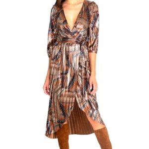 Metallic pleated faux wrap dress